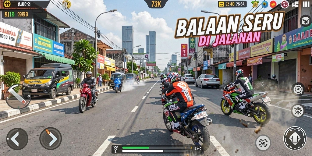 Gameplay 73K menampilkan balapan seru di jalanan dengan kendaraan cepat.