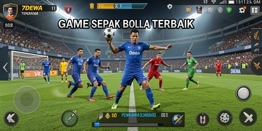 Tampilan gameplay seru dalam 7DEWA saat mempertunjukkan aksi sepak bola.