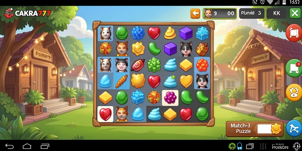 Screenshot menunjukkan gameplay seru CAKRA777 dengan keseruan Match-3.