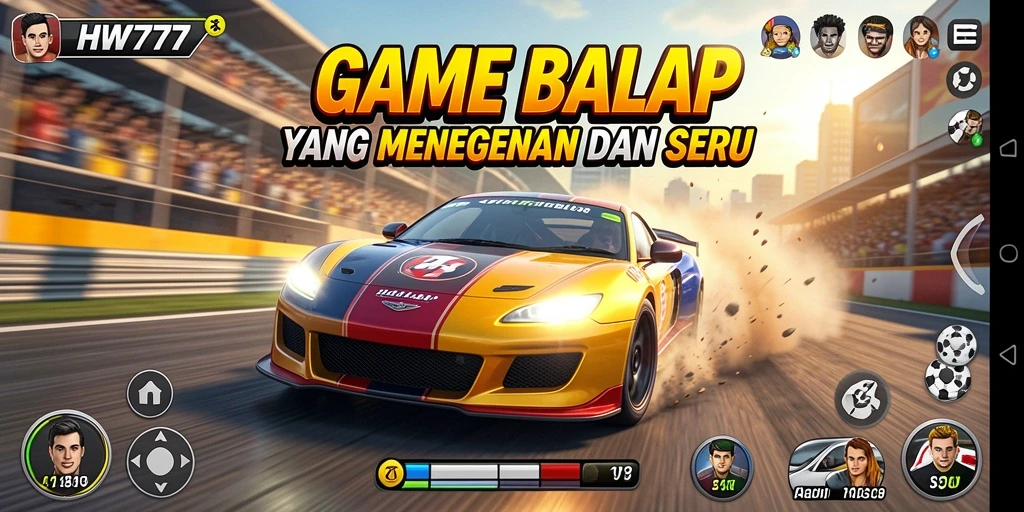 Screenshot utama HW777 menampilkan aksi balap yang mendebarkan.