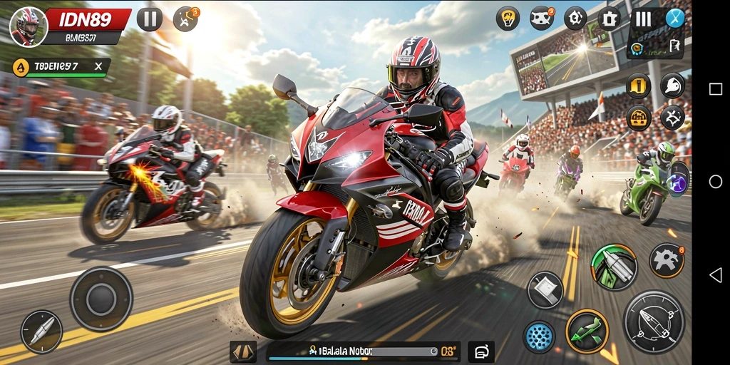 Tampilan gameplay balapan motor yang mendebarkan dan realistis.