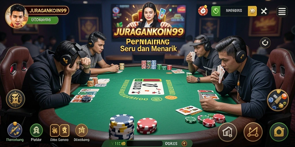 Tampilan gameplay menarik di JURAGANKOIN99 dengan suasana poker yang menggugah semangat.