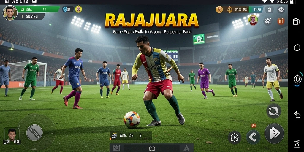 Screenshot utama RAJAJUARA menampilkan aksi seru di lapangan sepak bola.
