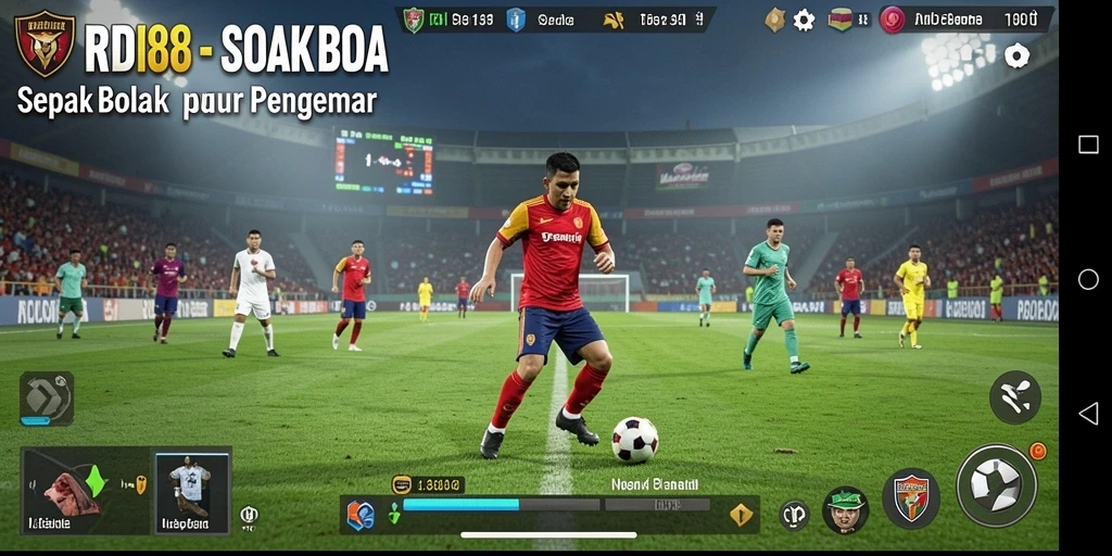 Screenshot gameplay RDI88 menampilkan aksi pertandingan sepak bola yang mendebarkan.