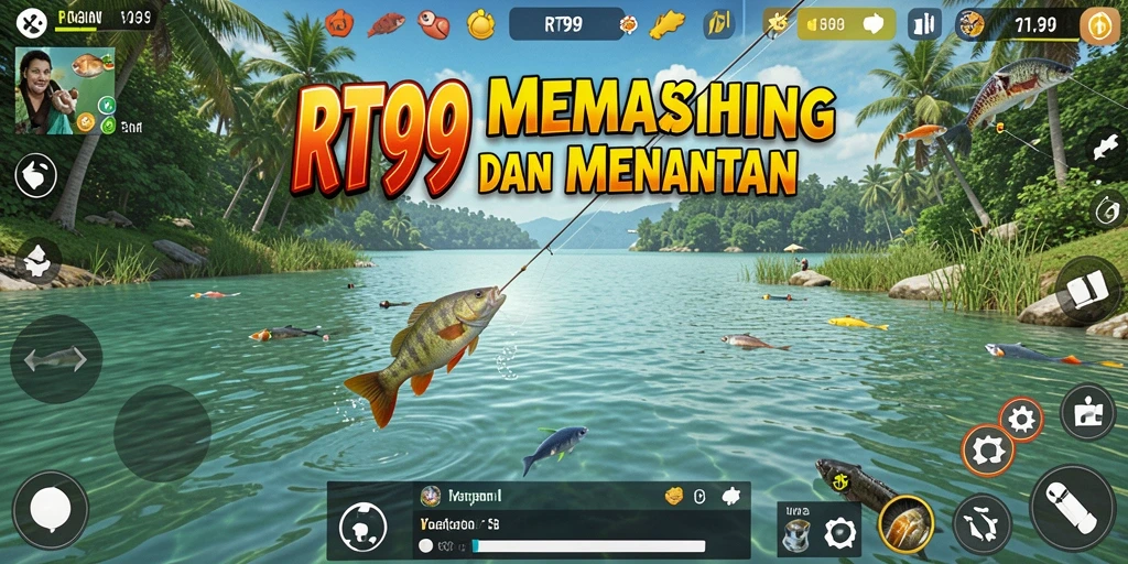 Screenshot utama RT99 menampilkan aksi memancing yang seru dan realistis.