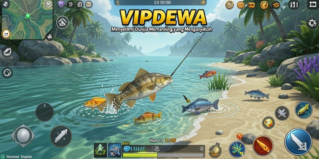 Screenshot menunjukkan gameplay memancing yang menarik dan penuh warna.