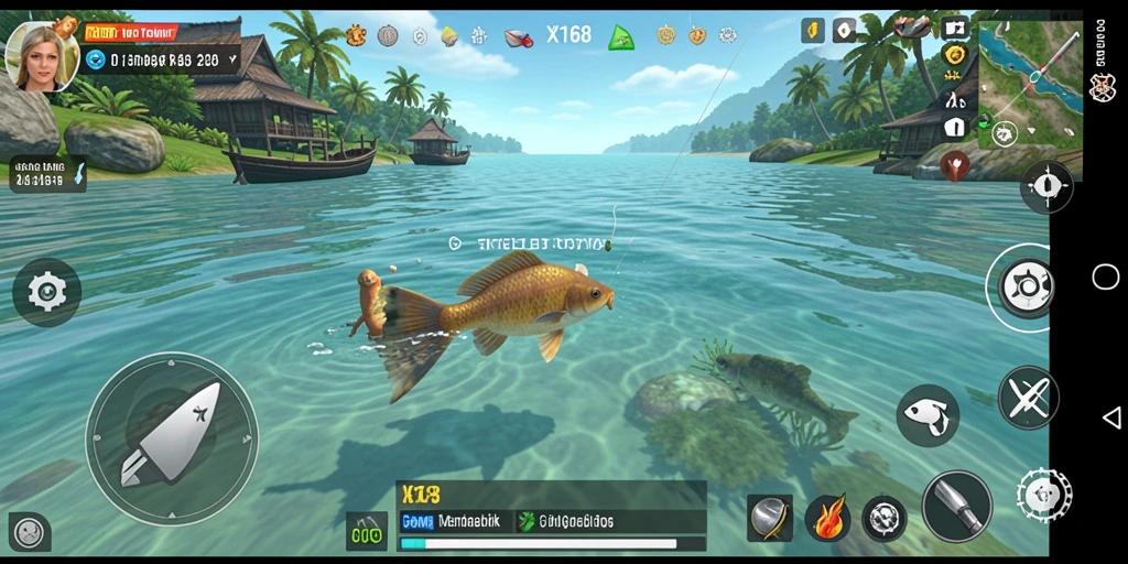 Screenshot utama X168 menampilkan gameplay seru memancing ikan di danau.