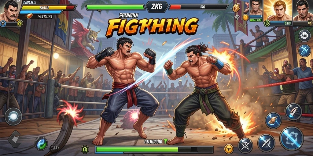 Tampilan gameplay seru dengan karakter bertarung di arena.